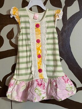 Giggle Moon Green Stripe Dress with Yellow Panel and Pink Floral Hem